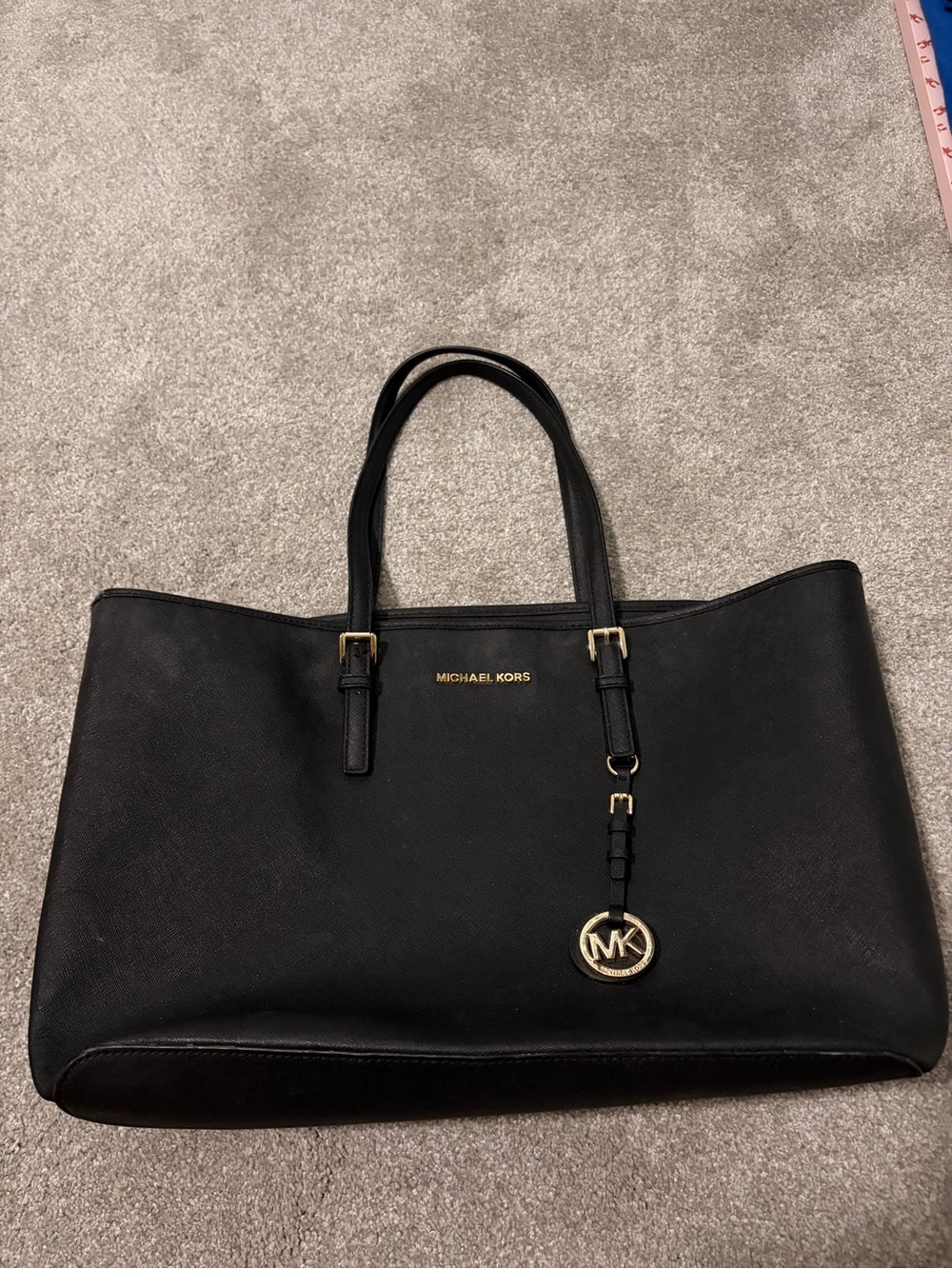 Michael Kors Black Leather Tote with Gold MK Charm